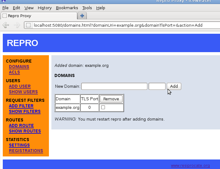 repro web administration: adding a domain