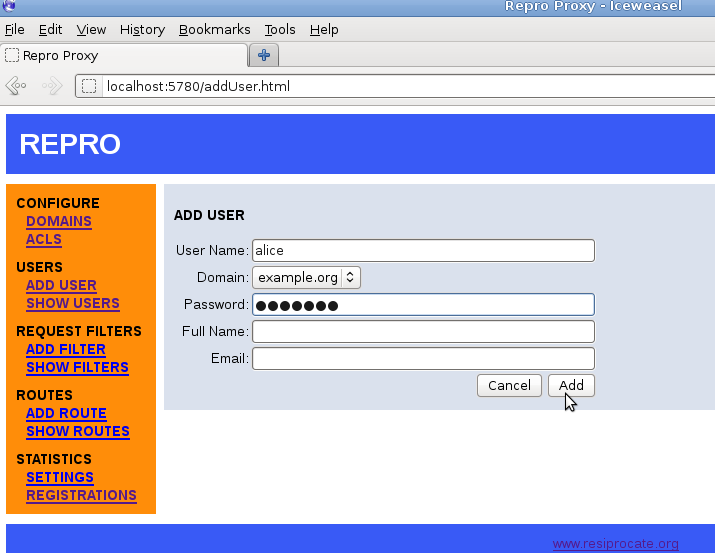 repro web administration: adding a user