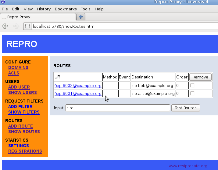 repro web administration: listing routes
