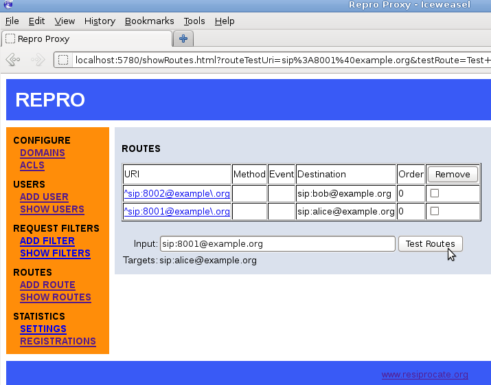 repro web administration: routing test